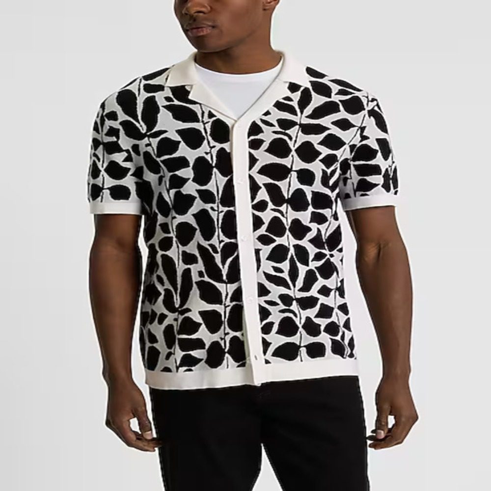 Paul Zahn Access Daily 2025 Black & White Leaf Print Shirt - Image 2