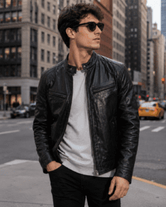 Men’s Black Leather Padded Shoulder Biker Jacket