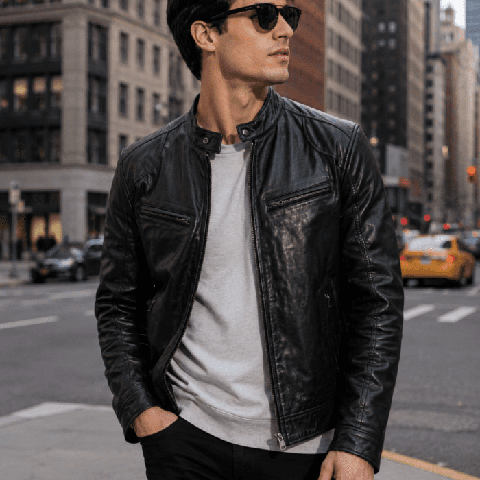 Men’s Black Leather Padded Shoulder Biker Jacket