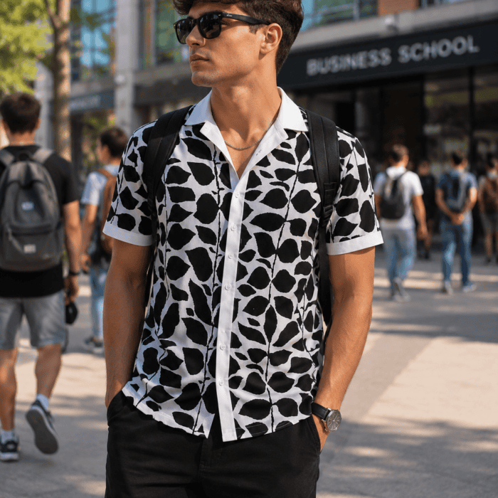 Paul Zahn Access Daily 2025 Black & White Leaf Print Shirt