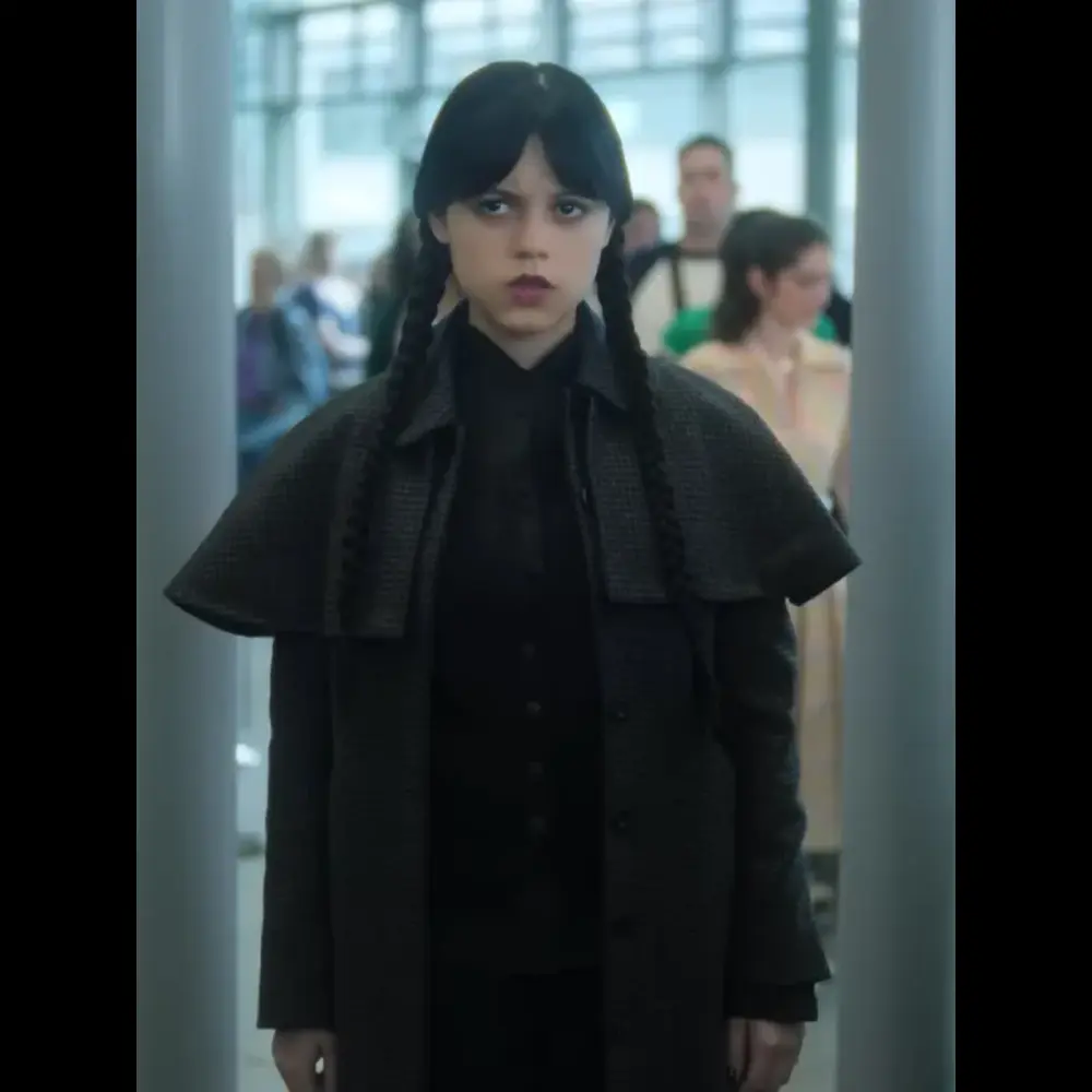 Wednesday Addams S02 Jenna Ortega Black Plaid Coat – A Modern Gothic Fashion Statement - Image 2