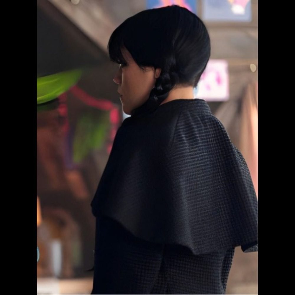 Wednesday Addams S02 Jenna Ortega Black Plaid Coat – A Modern Gothic Fashion Statement - Image 3