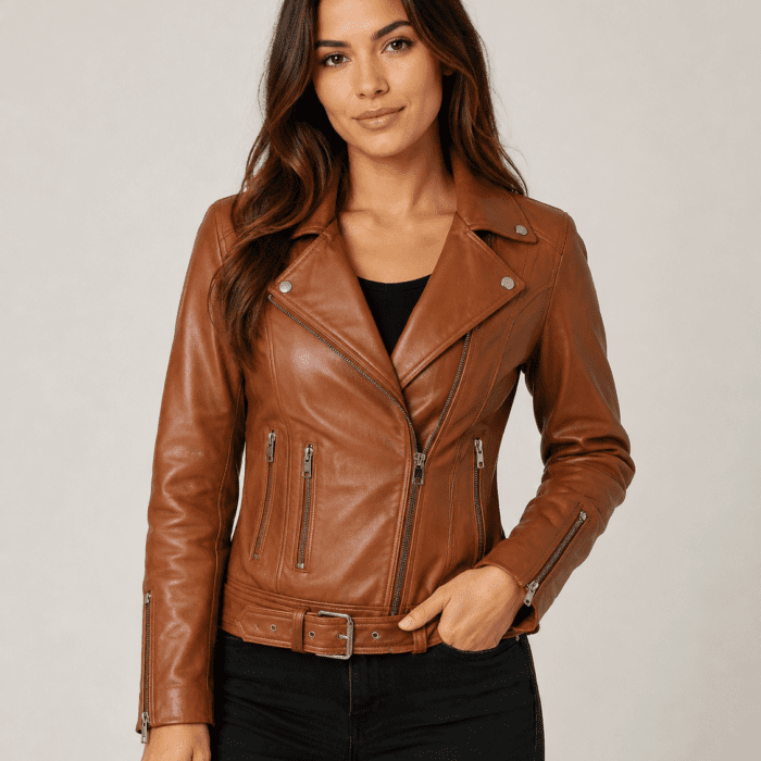 Women's Light Brown Asymmetrical Leather Biker Jacket - Belted