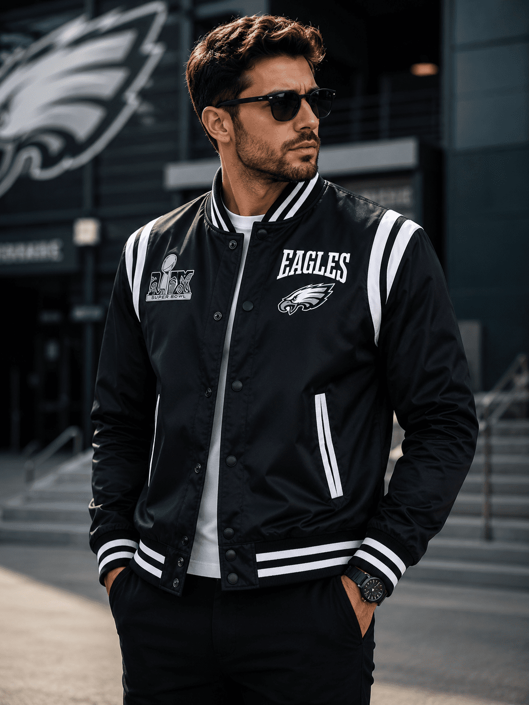 Super Bowl LIX Champions Philadelphia Eagles Black Letterman Jacket