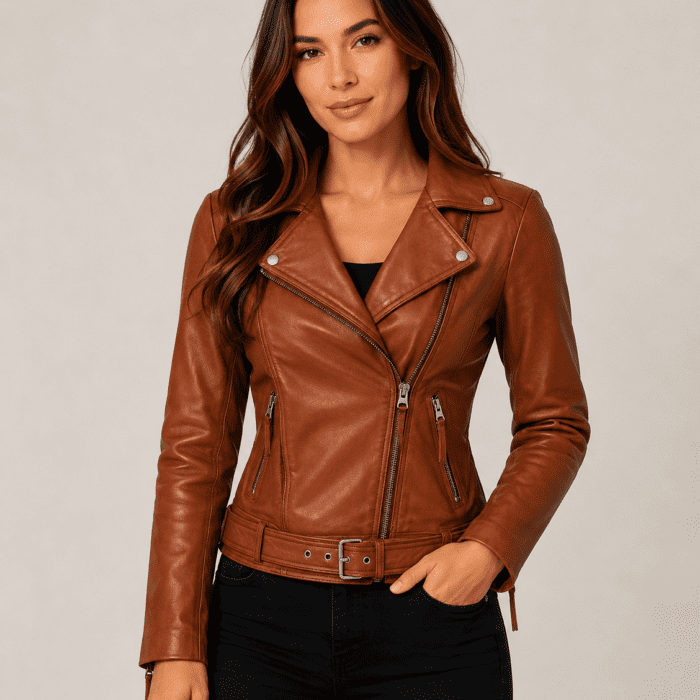 Amber Womens Cognac Asymmetrical Leather Moto Jacket