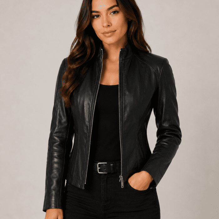 Acerra Womens Black Cafe Racer Leather Jacket – Timeless Style with a Modern Edge