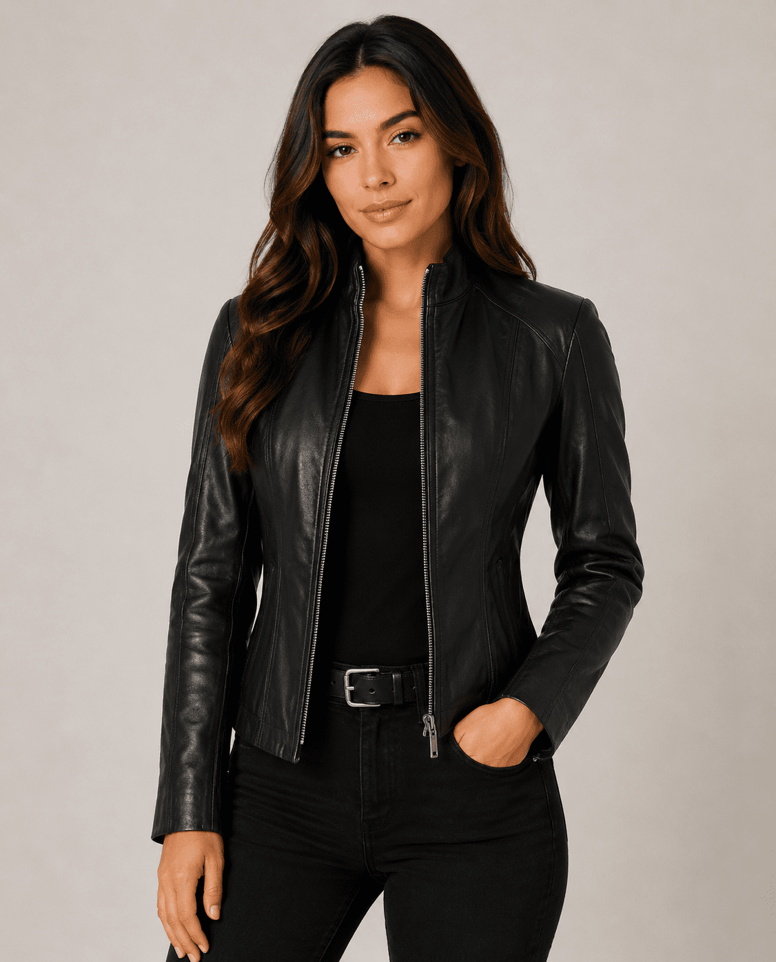 Acerra Womens Black Cafe Racer Leather Jacket – Timeless Style with a Modern Edge