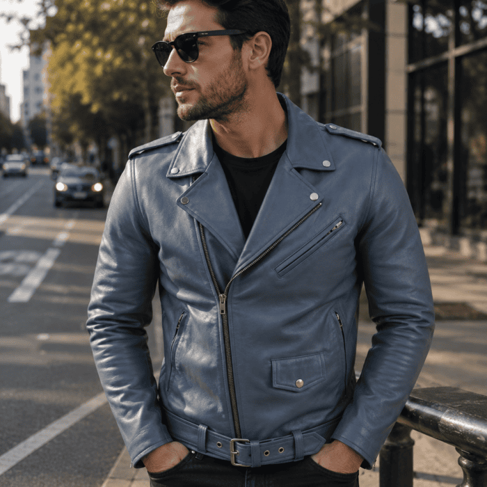 Asymmetrical Biker Blue Leather Jacket Mens