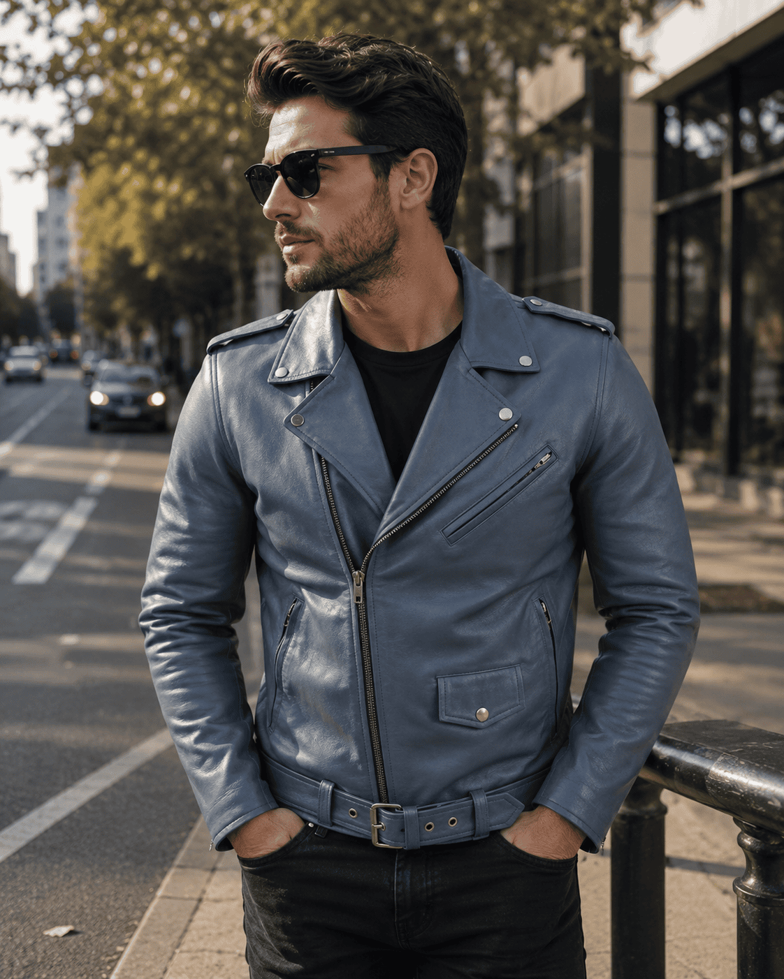Asymmetrical Biker Blue Leather Jacket Mens