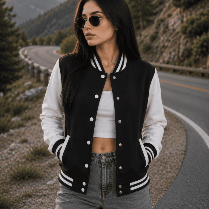 Black And White Varsity Fleece Jacket For Women