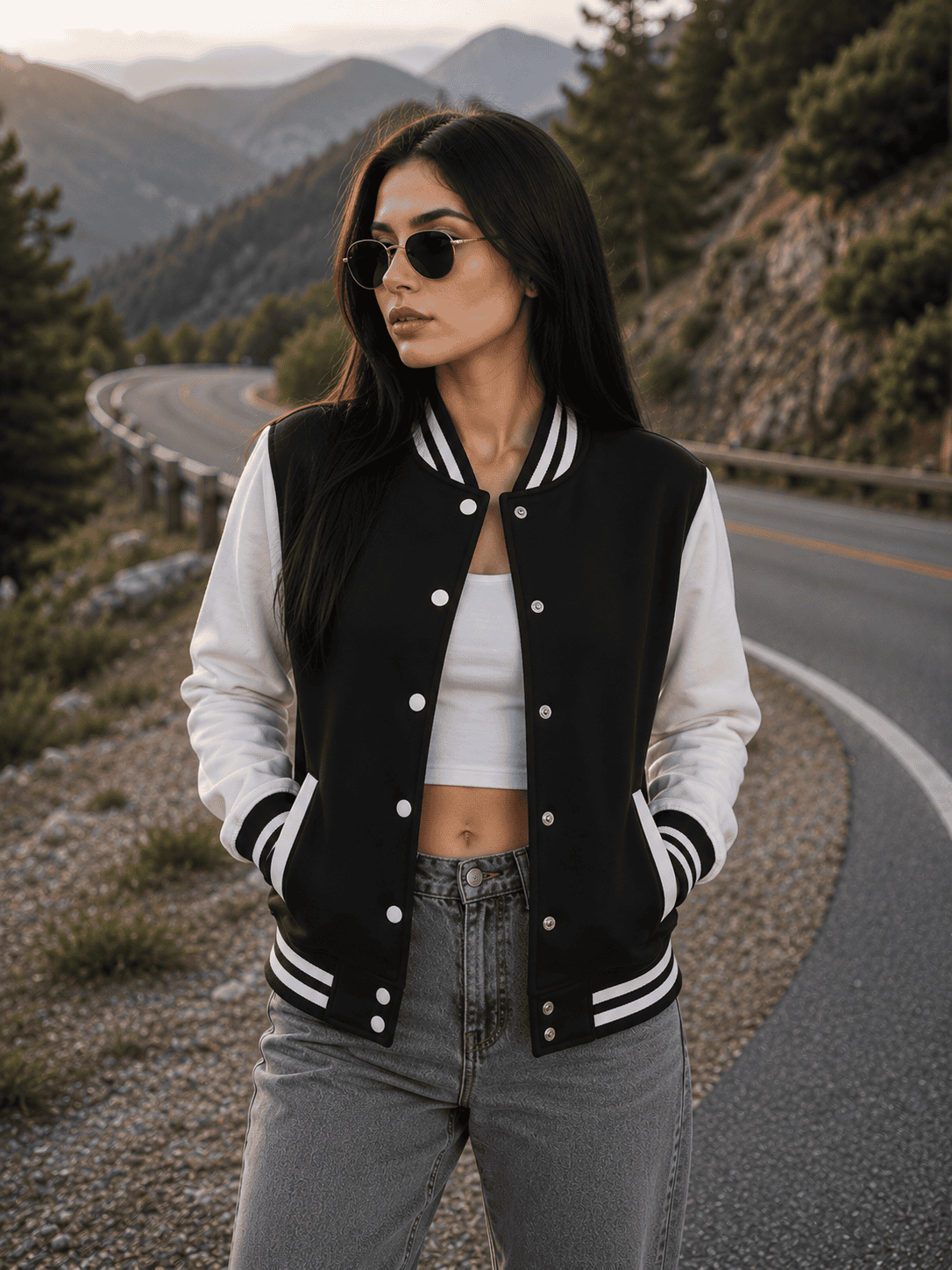 Black And White Varsity Fleece Jacket For Women