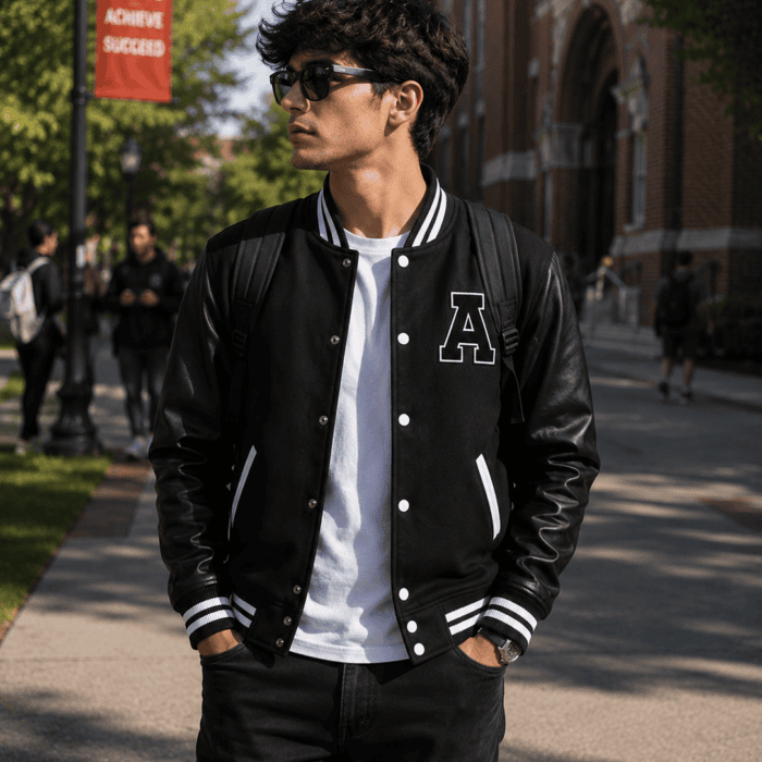 Black & White Wool Real Leather Sleeves Varsity Jacket College Letterman Bomber