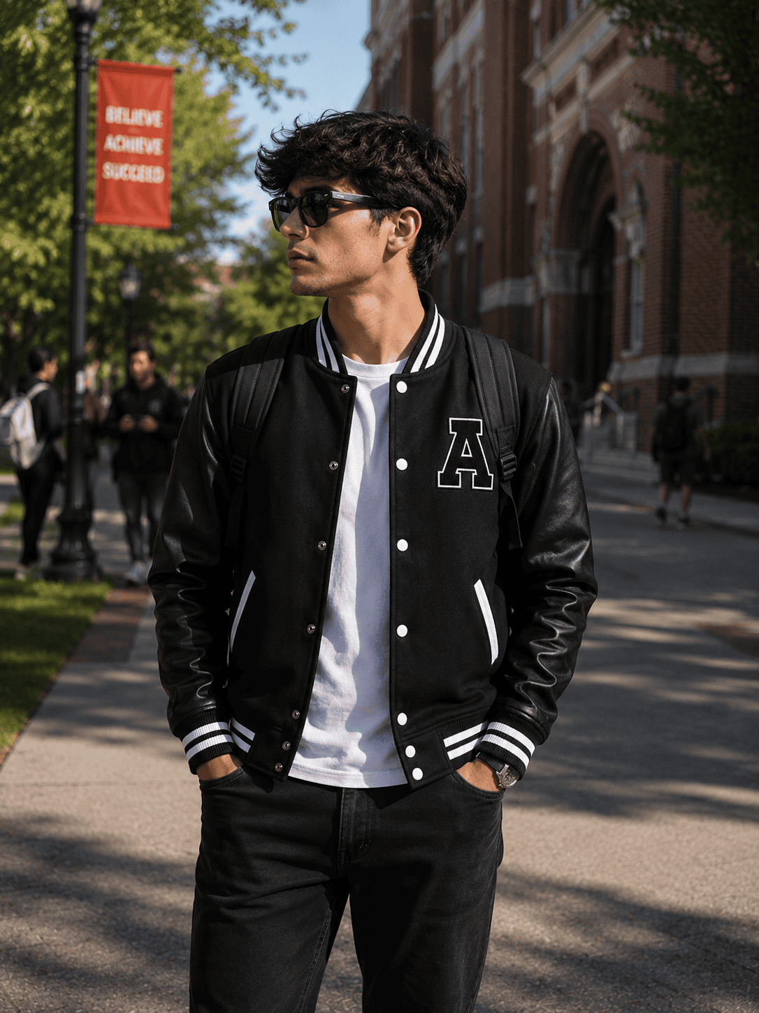 Black & White Wool Real Leather Sleeves Varsity Jacket College Letterman Bomber