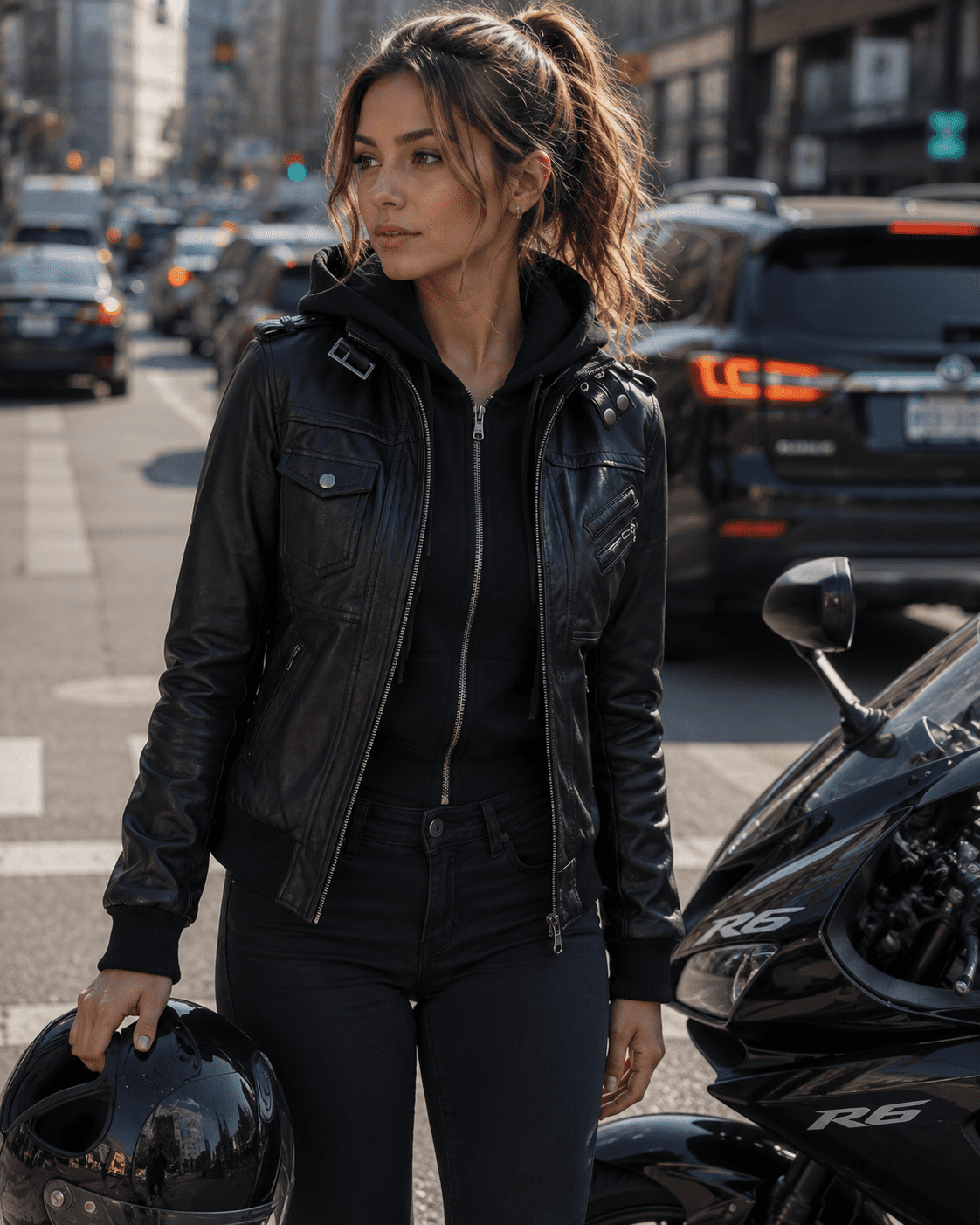 Women Hooded Black Leather Bomber Jacket