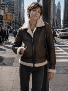 wear this jacket to a young women with short hairs and long hiegted women white usa and greyish eyes on street of newyork