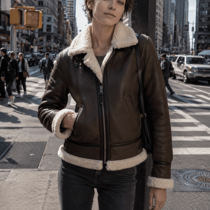 wear this jacket to a young women with short hairs and long hiegted women white usa and greyish eyes on street of newyork