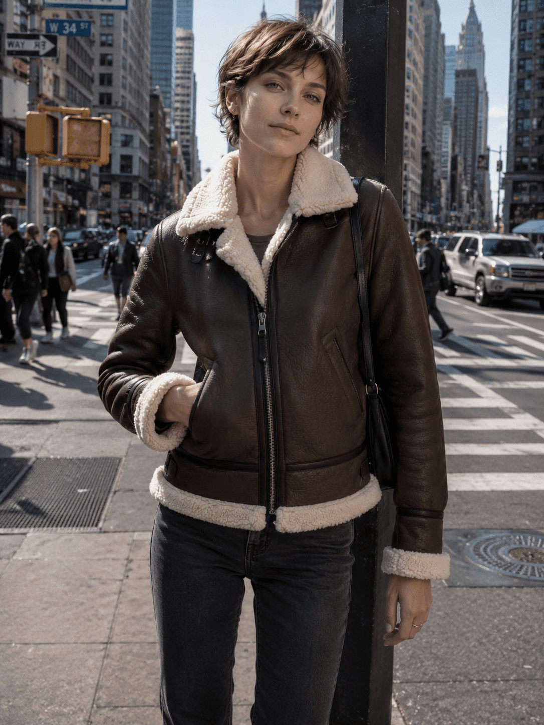 wear this jacket to a young women with short hairs and long hiegted women white usa and greyish eyes on street of newyork