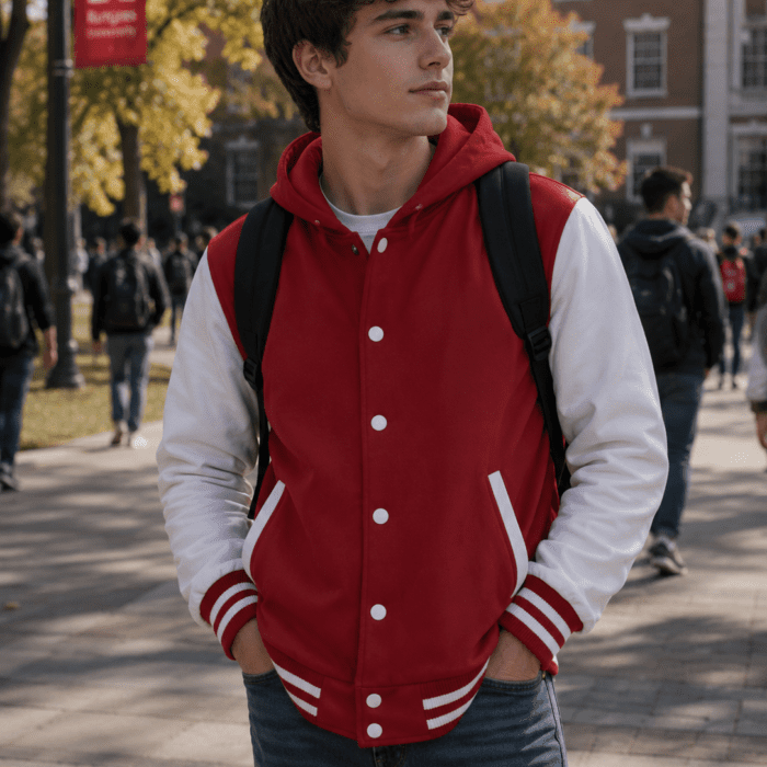 Men's Red Varsity Jacket Genuine White Leather Sleeves Wool