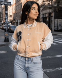 Beige Baseball Varsity Bomber Jacket Cropped