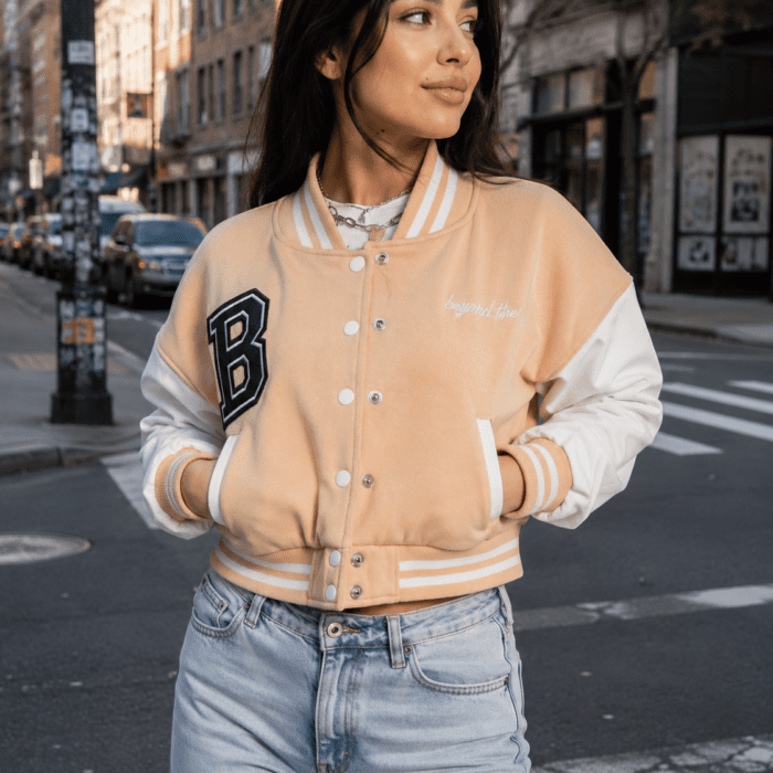 Beige Baseball Varsity Bomber Jacket Cropped