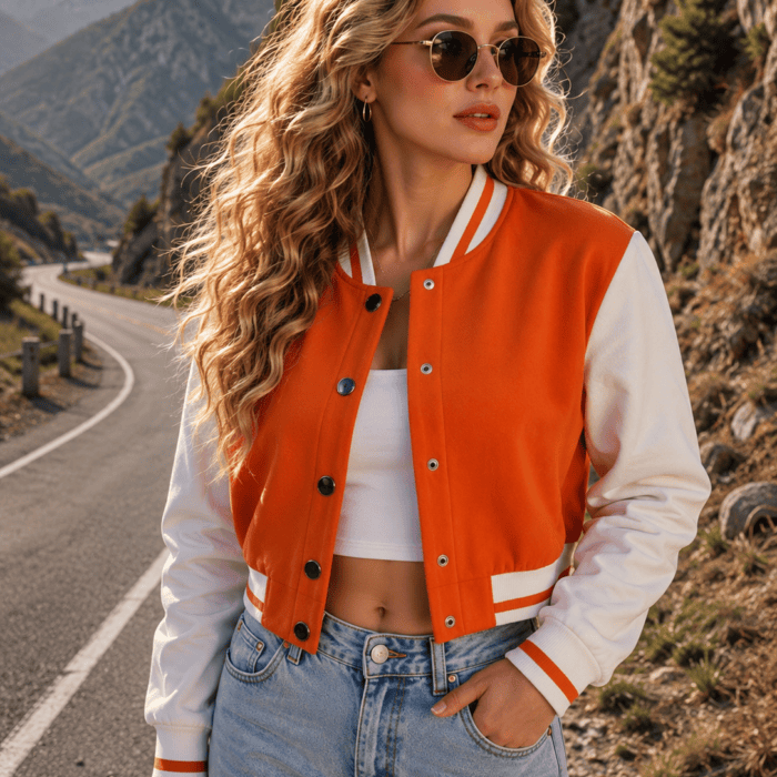 Cropped Wool Orange Varsity Jacket For Women