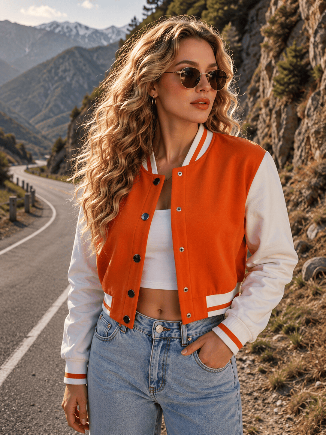 Cropped Wool Orange Varsity Jacket For Women