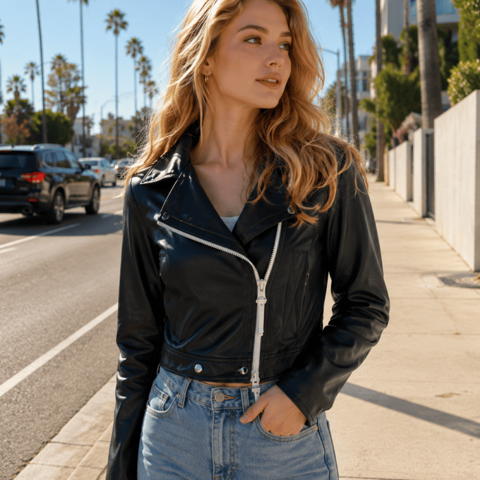 Women’s Biker Black Leather Cropped Jacket