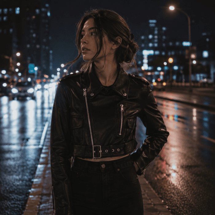 Womens Black Cropped Leather Biker Jacket