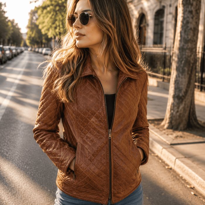 Women’s Quilted Brown Leather Jackets Biker Outfits