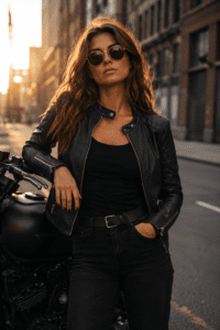 Women Black Slim Fit Biker Genuine Leather Jacket