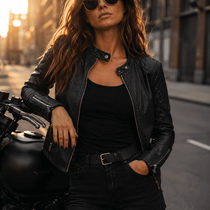 Women Black Slim Fit Biker Genuine Leather Jacket