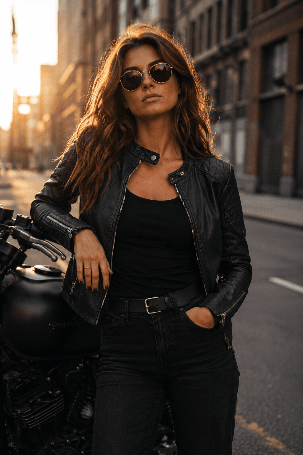 Women Black Slim Fit Biker Genuine Leather Jacket