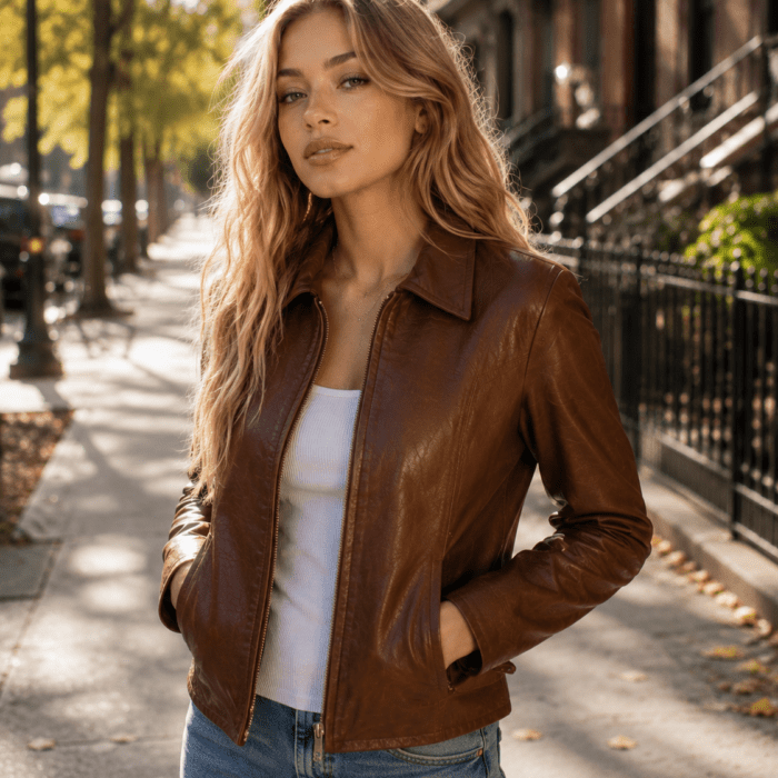 Marsha Women's Cognac Leather Car Coat
