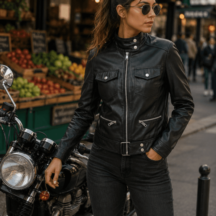 Muse Women Leather Moto Jacket In Black