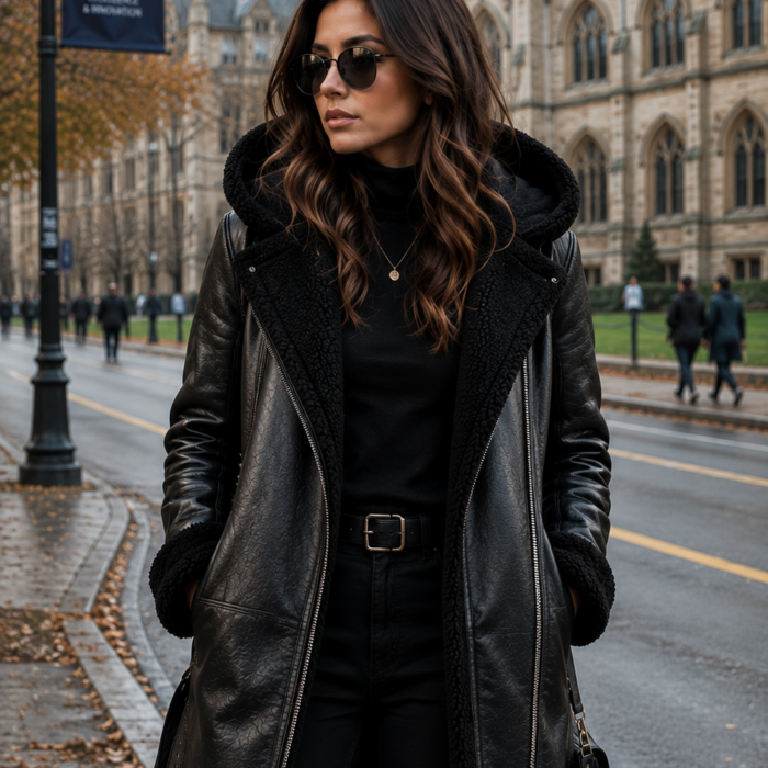 Women Black Leather Hooded Shearling Coat