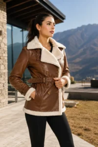 Womens-Tan Brown-Shearling Leather-Jacket