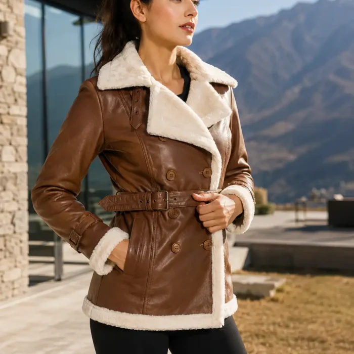 Womens-Tan Brown-Shearling Leather-Jacket