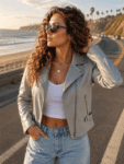 Ashley Grey Biker Leather Jacket Women’s