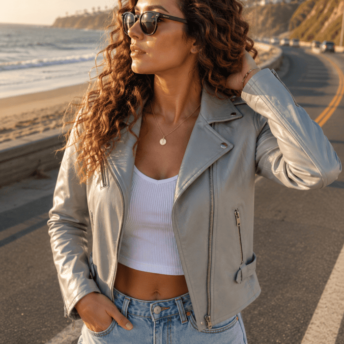 Ashley Grey Biker Leather Jacket Women’s