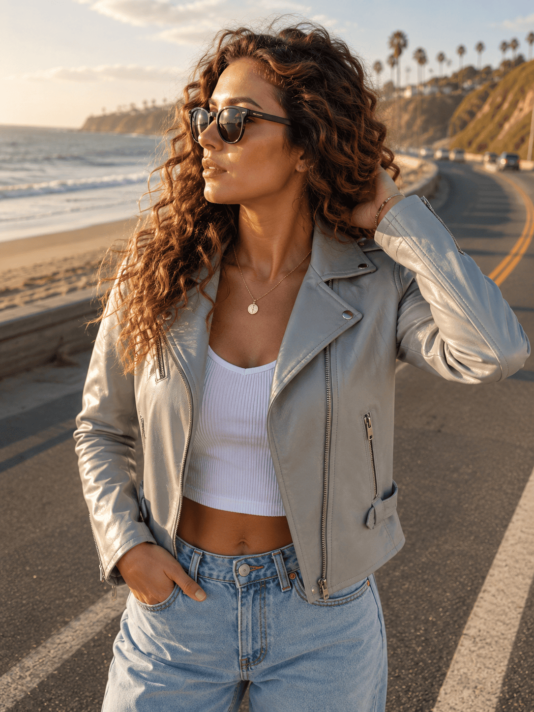 Ashley Grey Biker Leather Jacket Women’s