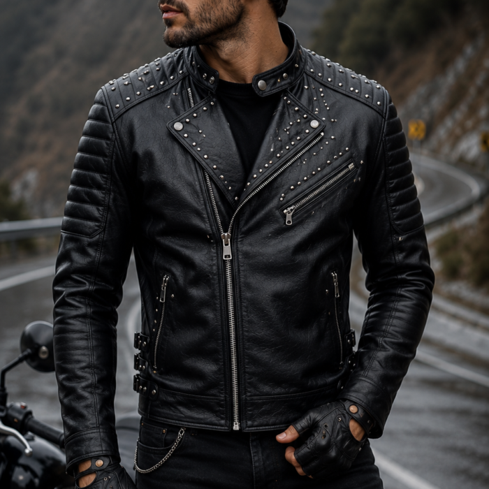Black Studded Cafe Racer Leather Jacket