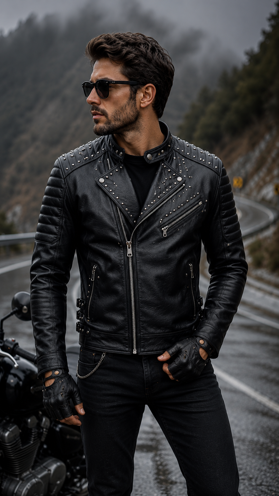 Black Studded Cafe Racer Leather Jacket
