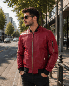 Bomber Red Leather Jacket Mens
