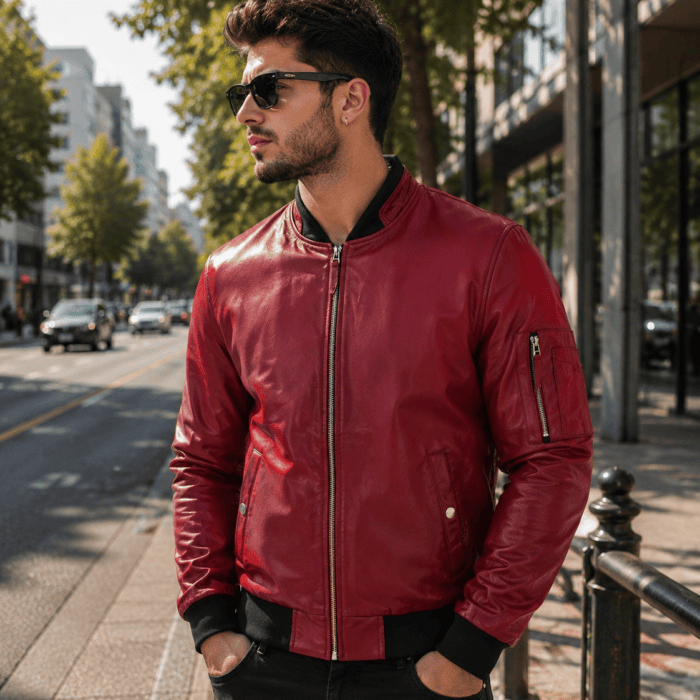 Bomber Red Leather Jacket Mens