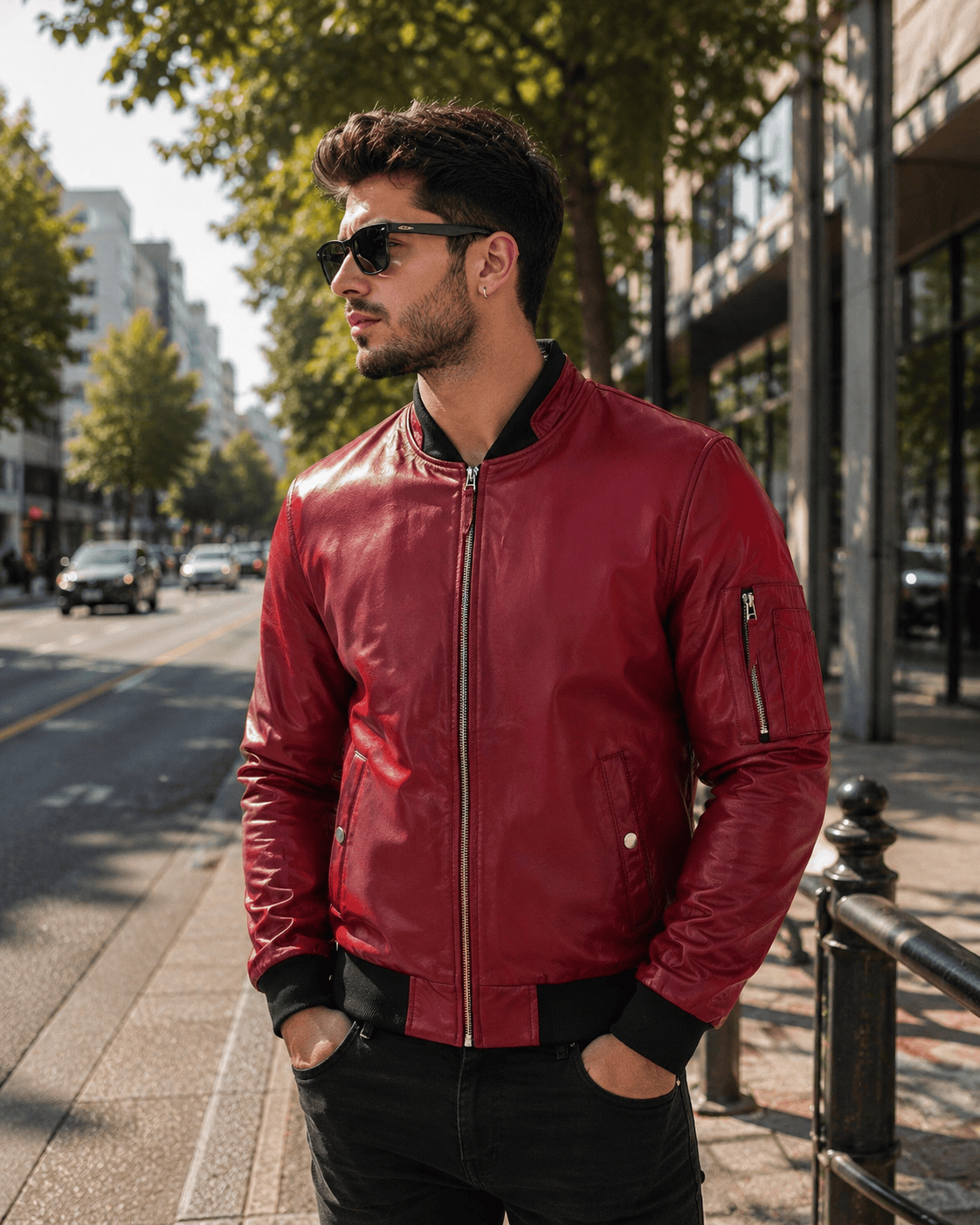 Bomber Red Leather Jacket Mens