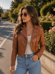 Katherine Brown Leather Moto Cropped Jacket