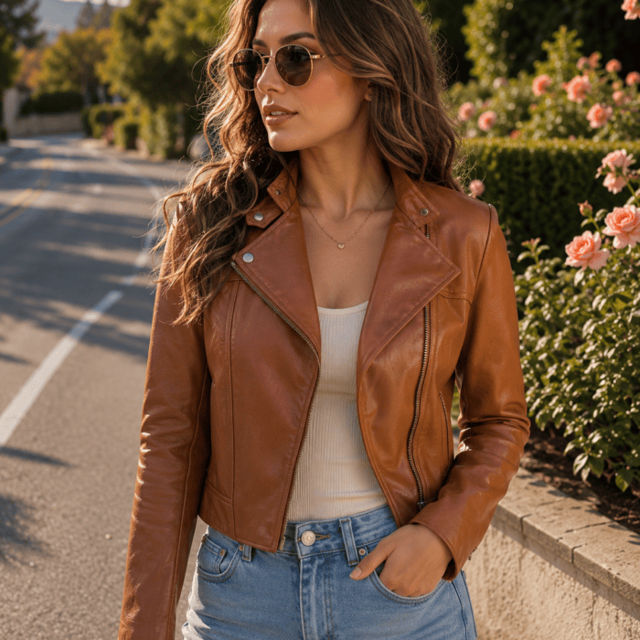 Katherine Brown Leather Moto Cropped Jacket