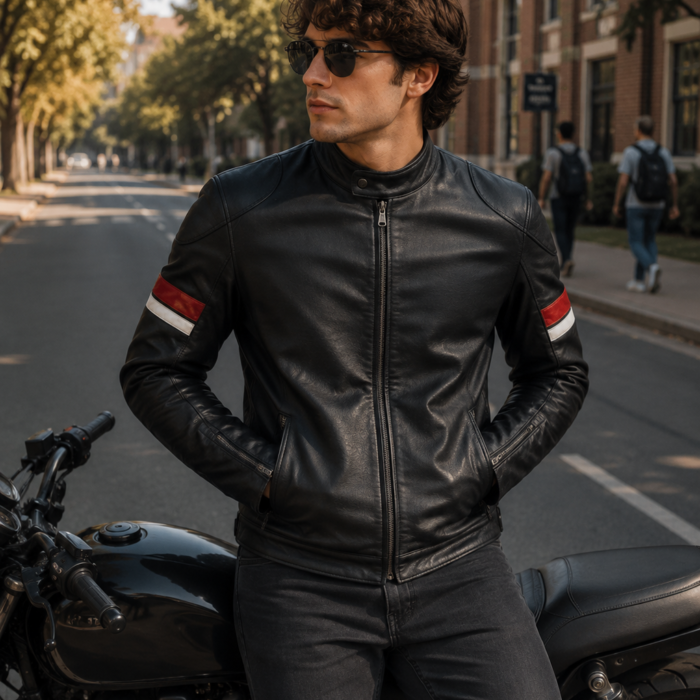Men’s Black Cafe Racer Red and White Striped Leather Jacket