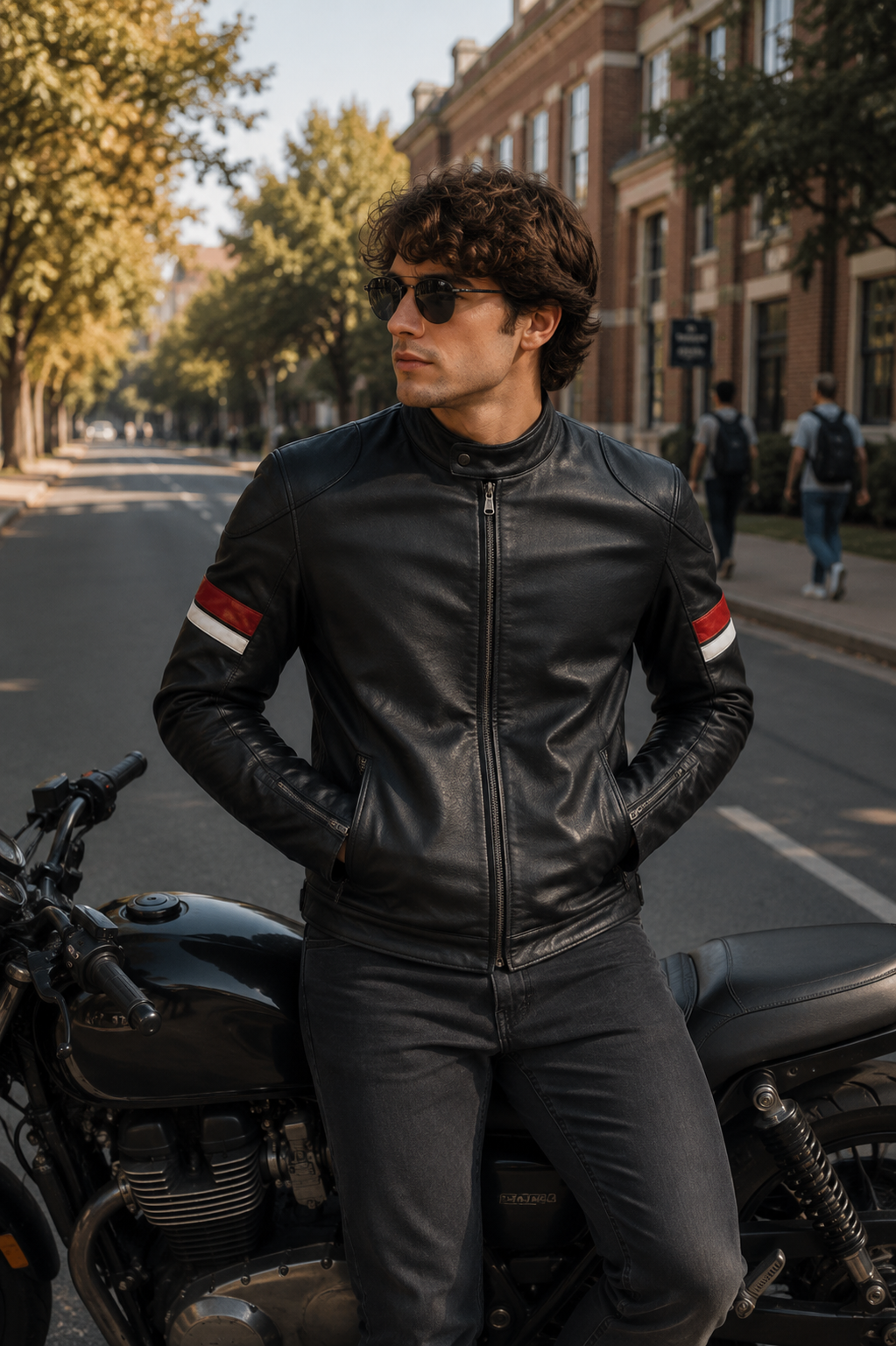 Men’s Black Cafe Racer Red and White Striped Leather Jacket