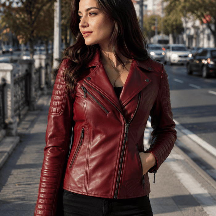 Women’s Quilted Merlot Red Leather Biker Jacket